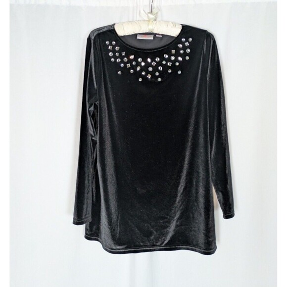 Quacker Factory Tunic M Women's Black Velvet Chunky Rhinestones Long Sleeve - Picture 2 of 8